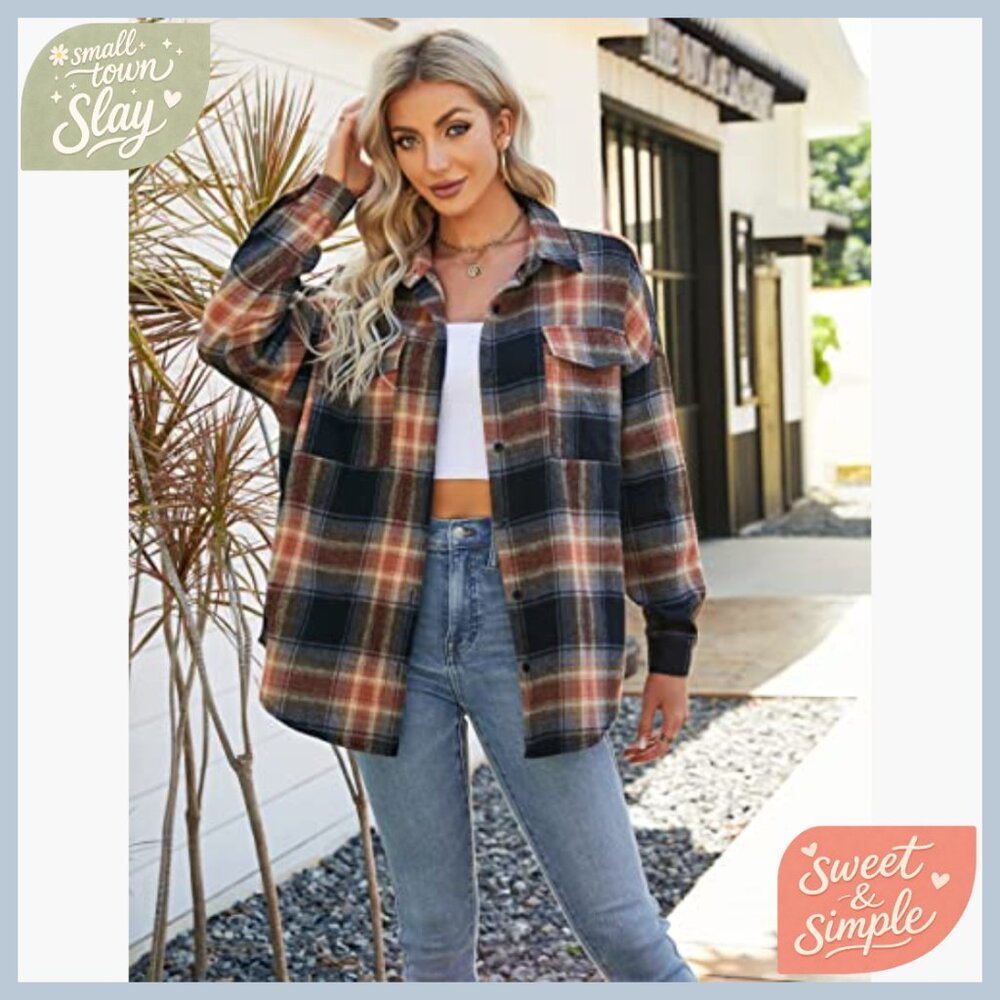 Oversized Flannel Shacket Button Down Shirt Long Sleeve Loose Fit Work Casual - Picture 2 of 6